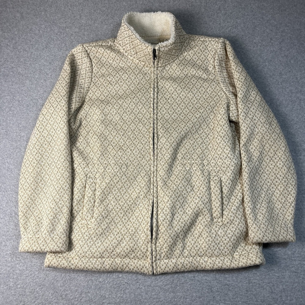 LL Bean Jacket Womens XL Beige Jacquard Anorak Full Zip Fleece 296574 Hiking